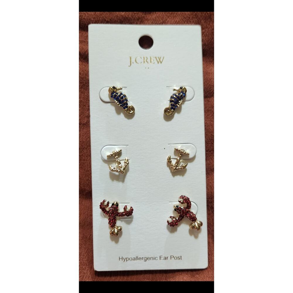 NEW J Crew Nautical Stud Earring Set Seahorse Anchor Lobster Gold Coastal Fun